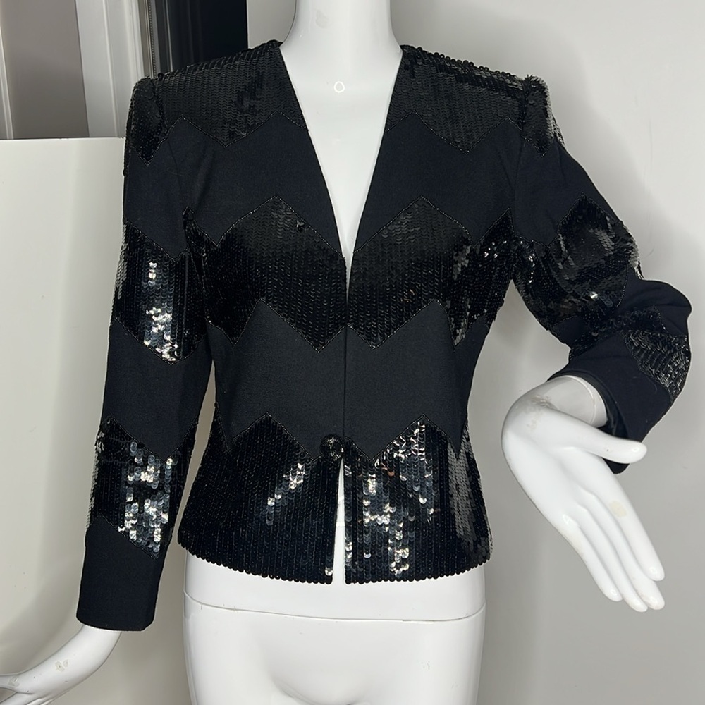 Nolan Miller Sz 6 Black Wool and Black Sequins Blazer Jacket
